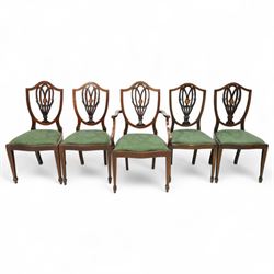 Hepplewhite design mahogany set of ten dining chairs, two carvers and eight dining chairs, with inlaid oval medallion to the vase splat, green upholstered drop-in seats, on square section tapering supports with spade feet, including two carvers