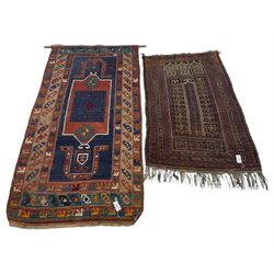 Turkish rug or wall hanging, blue ground field with decorative panels, with geometric motifs and multi-band border (207cm x 104cm), and a prayer rug with repeating border and geometric motifs (150cm x 92cm)