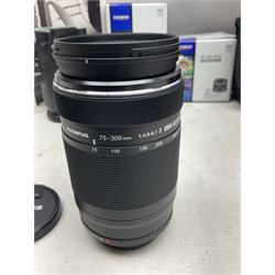 Olympus PEN-F camera body, with 'Olympus M- Zuiko Digital 25mm 1: 1.8' lens,  'Olympus M- Zuiko Digital 75-300mm 1: 4.8 - 6.7' lens and  'Olympus M- Zuiko Digital 17mm 1: 1.8' lens, with original box, together with Lowepro camera bag