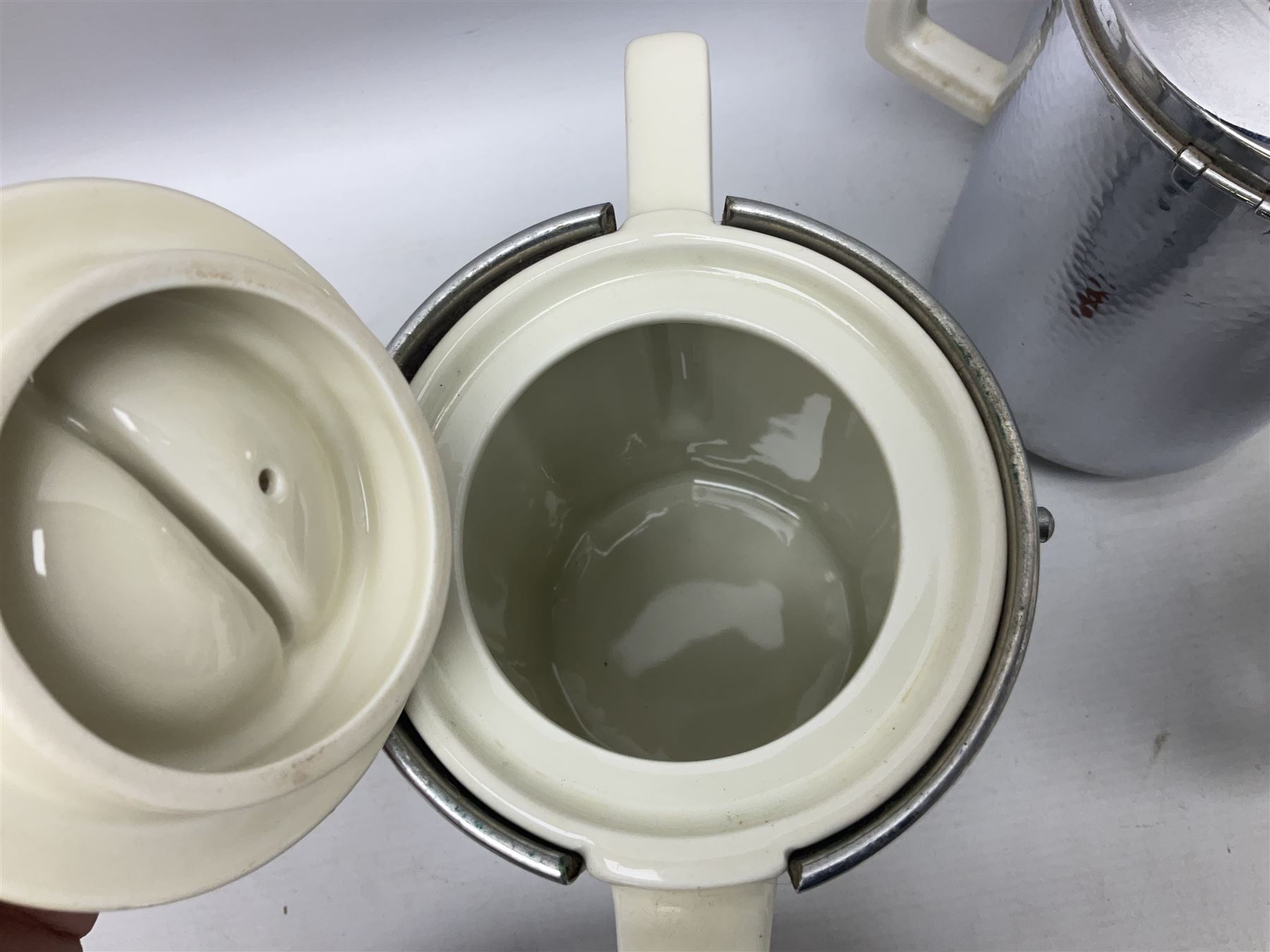 Stayhot teapot and coffee pot, with silver plate clad ceramic bodies, together with another similar coffee pot, jug and sucrier, Staffordshire style flatback figures comprising pair of zebras and cavalier type figure, Melba Ware woodland jug etc