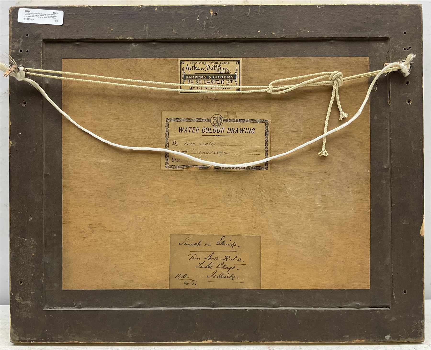 Tom Scott RSA RSW (Scottish 1854-1927): 'Sunset', watercolour signed, indistinctly titled and dated 1913 on original label verso 18cm x 26cm