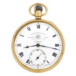 Early 20th century 9ct gold open face 'Tempus Fugit' keyless lever pocket watch by Thomas Russell & Sons, Liverpool, No. 33820, white enamel dial with Roman numeral hour markers and subsidiary seconds dial, case by Dennison, Birmingham  1921