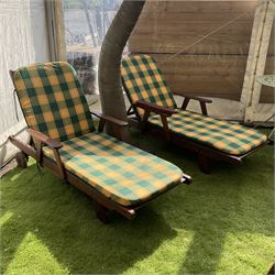 Pair teak recliner lounge chairs with cushions  - THIS LOT IS TO BE COLLECTED BY APPOINTMENT FROM DUGGLEBY STORAGE, GREAT HILL, EASTFIELD, SCARBOROUGH, YO11 3TX