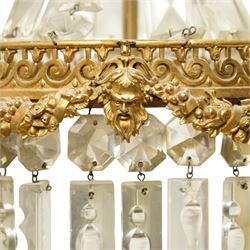 Brass and crystal ceiling light, drop 72cm, together with three small crystal oval wall lights, H28cm (4)