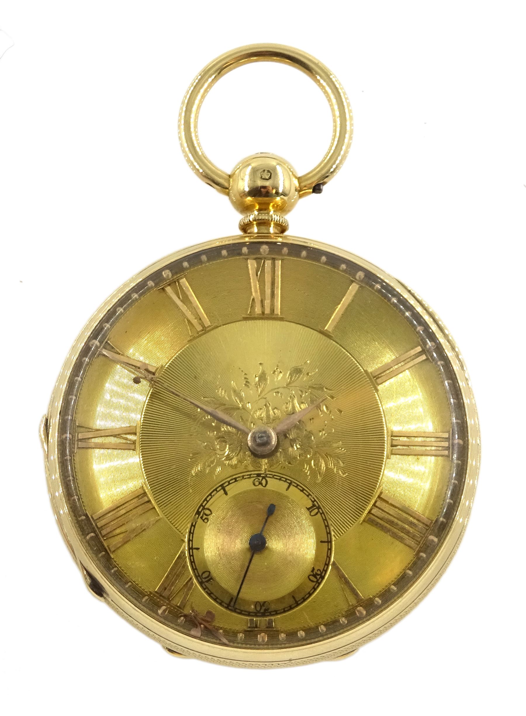 George IV 18ct gold lever fusee pocket watch by Abraham Jackson, Liverpool, No. 5003, gilt dial with Roman numerals and subsidiary seconds dial,  later Victorian engine turned case with cartouche by Henry Stuart, Chester 1860