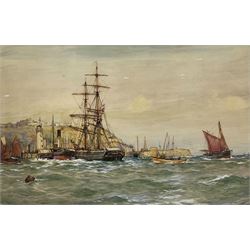 Ernest Dade (Staithes Group 1868-1934): Sailing Brig Paddle Steamer and Fishing Boats off the Lighthouse Pier Scarborough, watercolour heightened in  white signed 48cm x 73cm