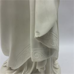 19th century Copeland Parian Ware figure, after R Monti, modelled as Lady Godiva, upon a circular titled plinth, signed and dated verso R Monti 1870, impressed to base Copyright Reserved Copeland, overall H22cm