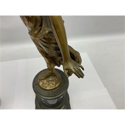 After Oswald Schimmelpfennig (German, 1872-1939): Pair of gilt bronze winged Allegorical female figures, the first example with arm outstretched holding a branch, signed 'Schimmelpfennig 1900', the second with arm raised above her head holding a book and sword in the other, both raised upon marble plinths, H45cm