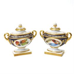Pair of Royal Worcester Heritage Collection two handled urns and covers painted with oppos...
