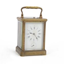 French-19th century 8-day carriage clock in a corniche case, two train striking movement w...