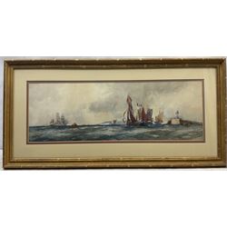 Frank Henry Mason (Staithes Group 1875-1965): Sailing Vessel and Fishing Boats off the Coast, watercolour signed 25cm x 75cm