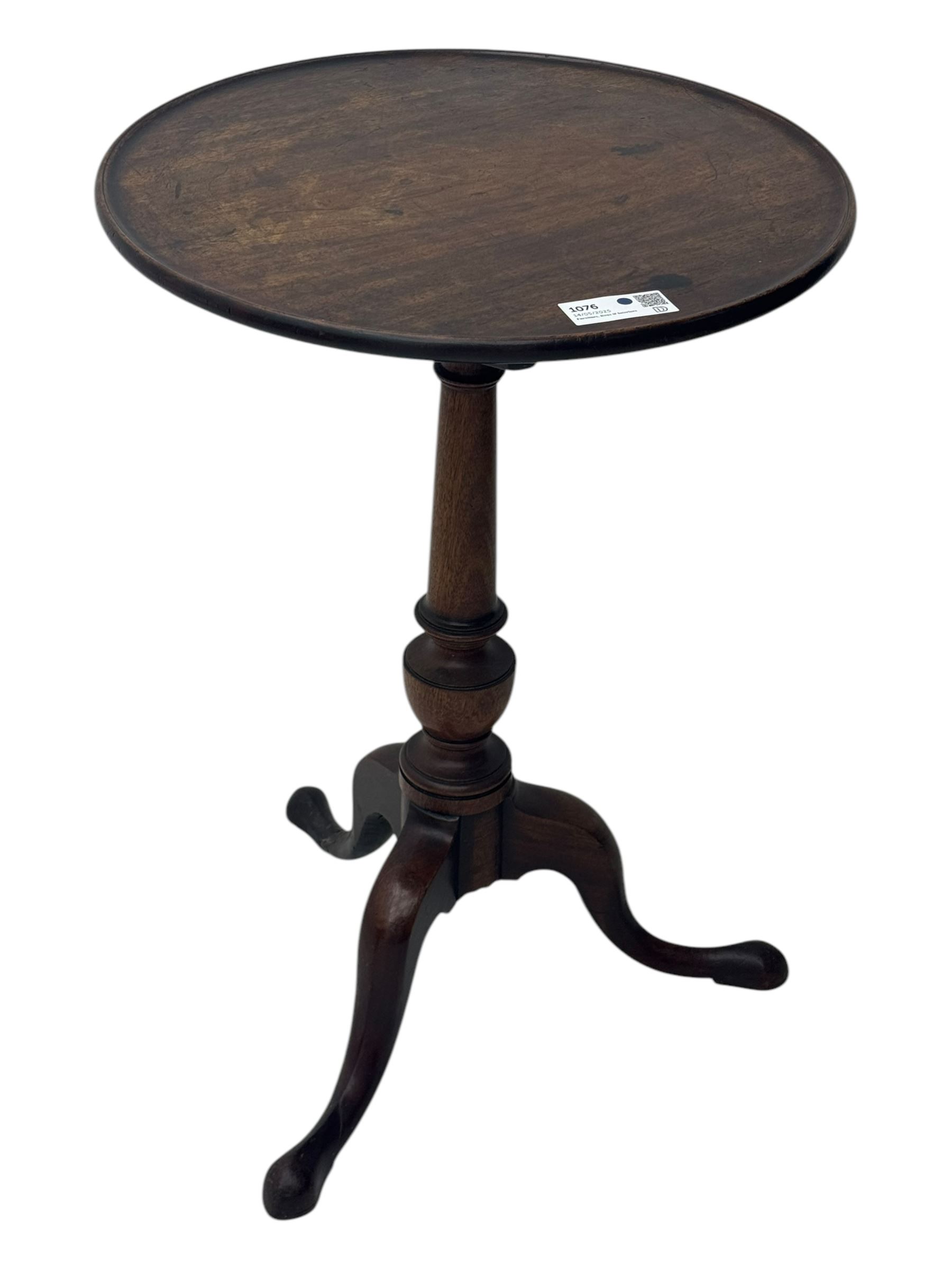 Early 19th century mahogany tripod table, dished top, turned column, cabriole legs on pad feet