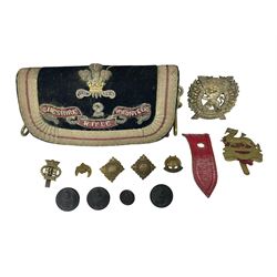 Victorian officer's full dress pouch of the Cheshire Rifle Volunteers the black velvet ground with gilt and silver bullion work including Prince of Wales feathers to the lace edged flap; with two suspension loops L20cm; together with a London Scottish glengarry badge and other badges and buttons