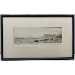 William Lionel Wyllie (British 1851-1931): 'Whitby' - Hauling in the Nets on Upgang Beach, dry point etching signed in pencil 12cm x 33cm
Provenance: with The Horner Galleries Sheffield, original title label verso
