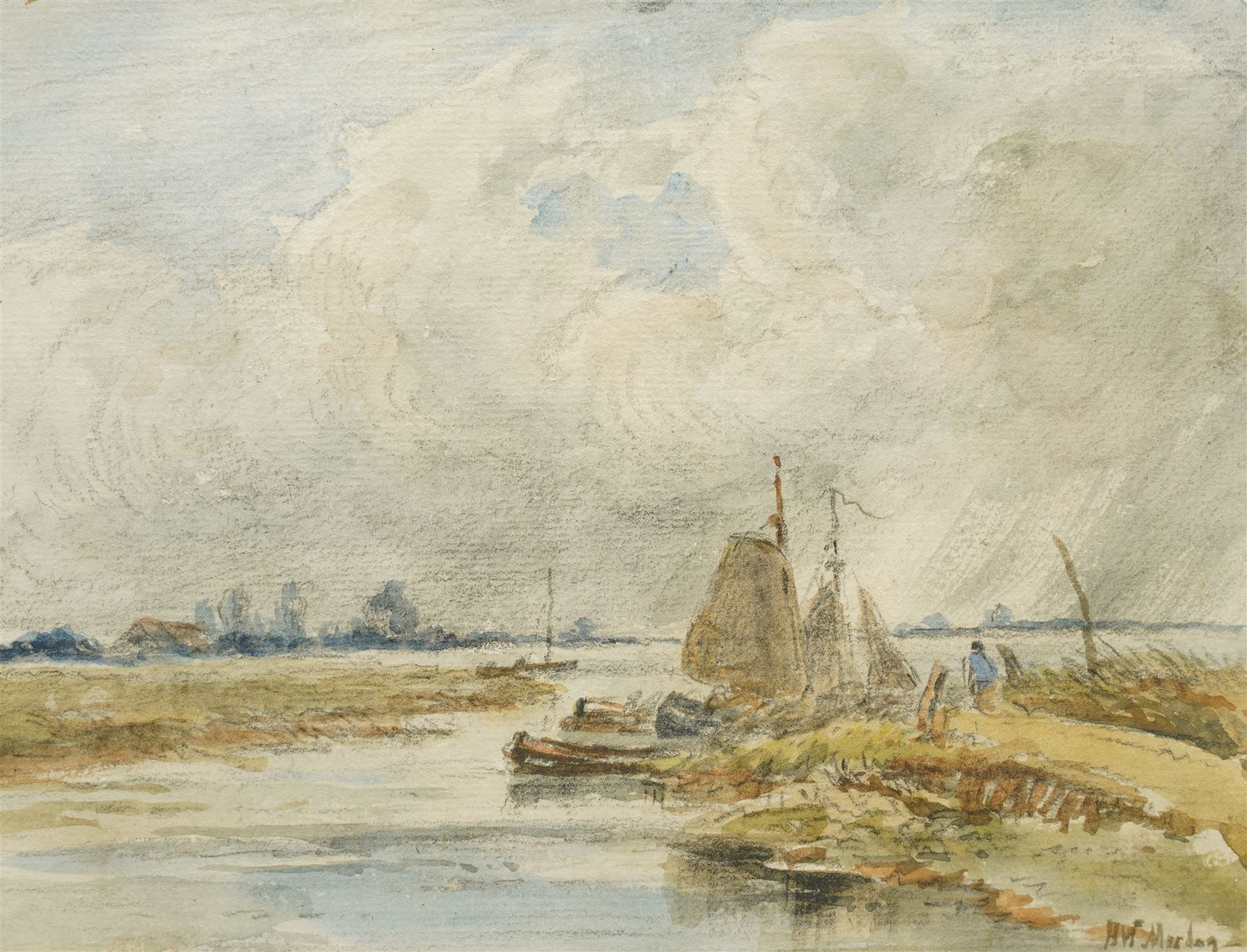 Hendrik-Willem Mesdag (Dutch 1831-1915): Fishing Boats on the Estuary, watercolour signed 16cm x 20cm