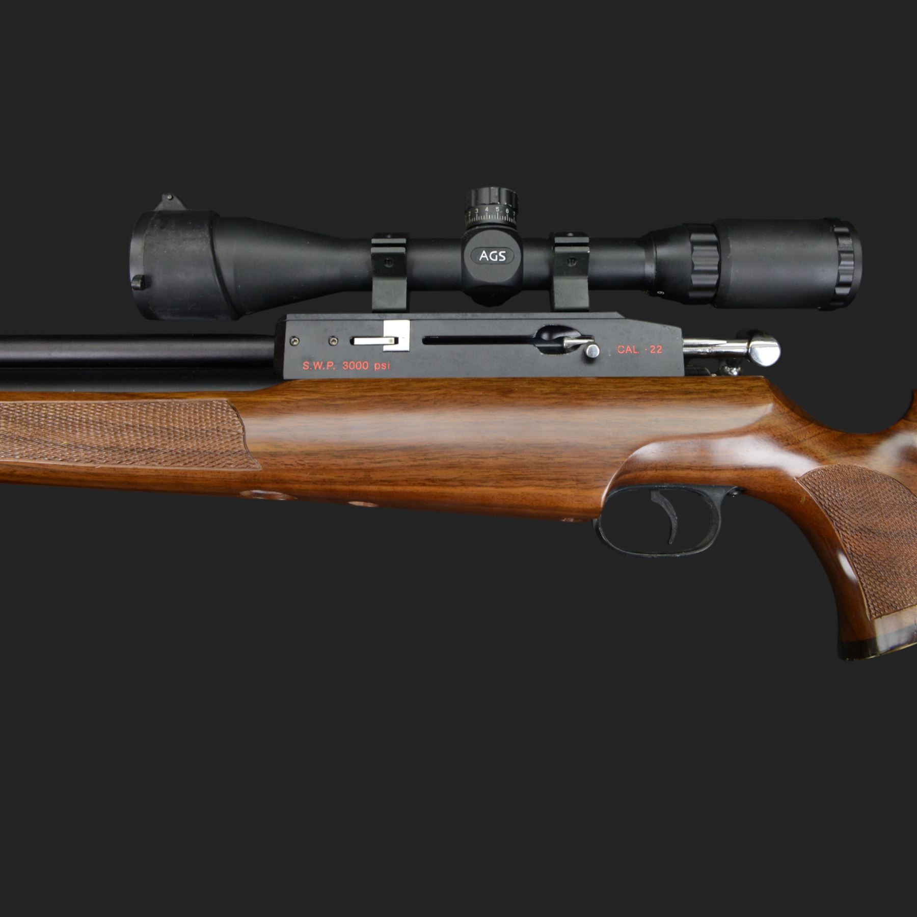 Logun MK2 22 Cal. air rifle, serial no 25885, with ASG fitted sight, bi-pod stand and fitted moderator  