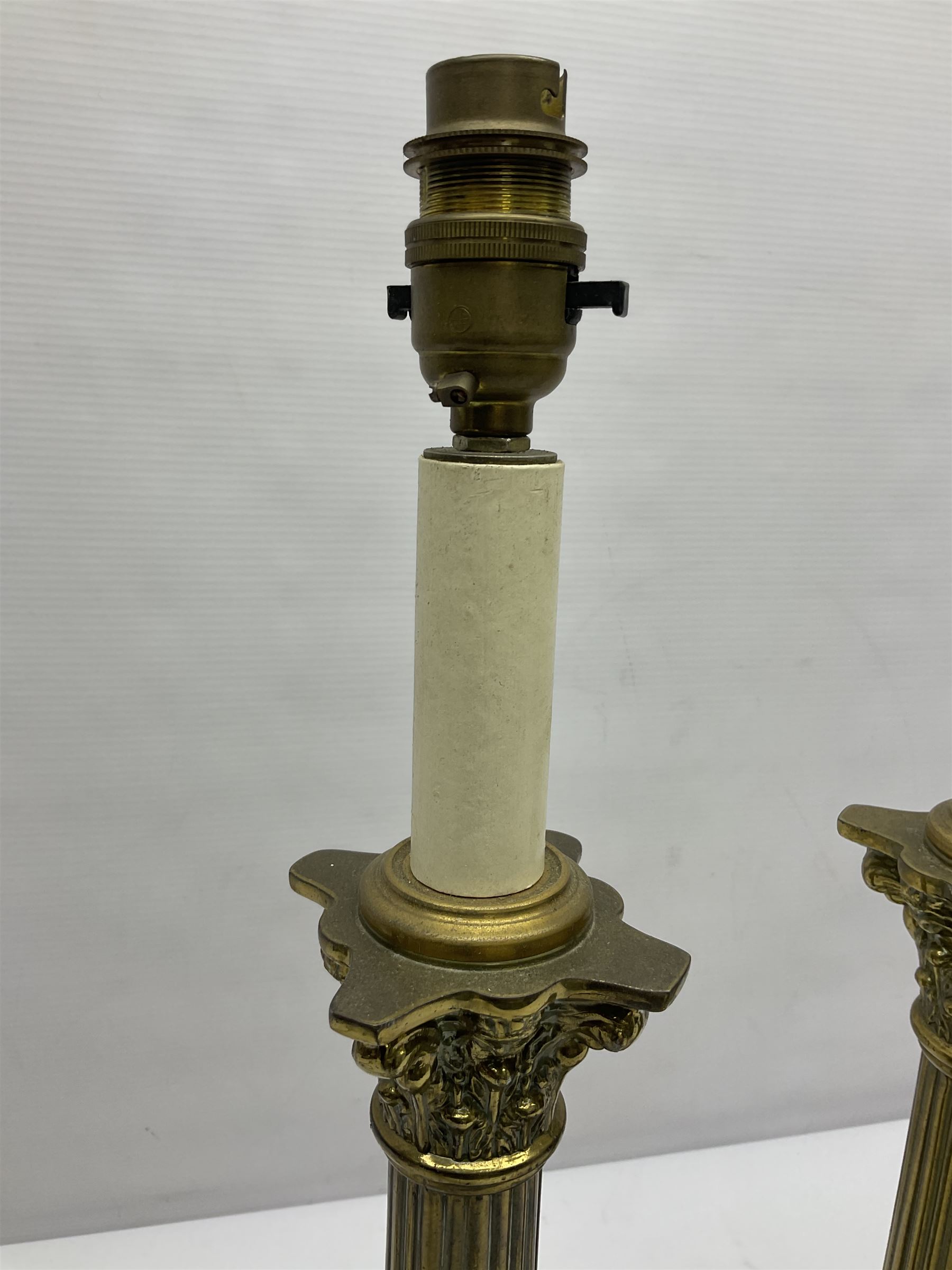 Pair of brass table lamps in the form of fluted Corinthian columns, H46cm