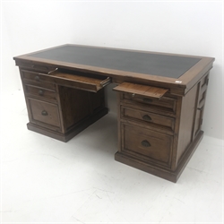 Barker & Stonehouse, reclaimed eastern pine twin pedestal desk, faux leather inset top, two slides flanking computer tray, six graduating drawers, plinth base, W174cm, H83cm, D80cm