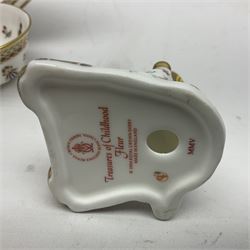 Royal Crown Derby Treasures of Childhood cabaret set, comprising tray, milk jug, sucrier, teacup and saucer, together with two Royal Crown Derby Treasures of Childhood paperweights Fleur and Ragdoll Sailor and Teddy bear paperweight, all paperweights are without stoppers