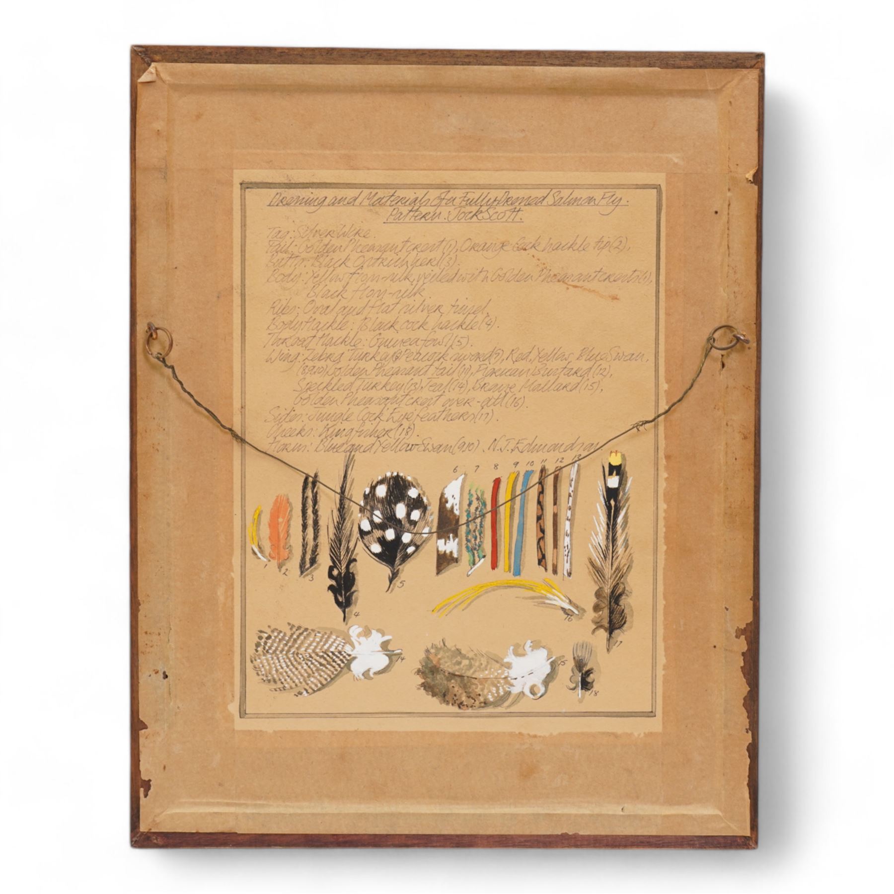 'Stages in the Dressing of a Jock Scott', a framed study showing the tying of a Jock Scott, circa 1980-81, the reverse hand-painted with the materials of the fly with handwritten instructions, the display was retailed by Dermot Wilson, Nether Wallop Mill and features as 'A new find' in their 1981 Farewell edition of A Choice of Tackle, Wilson retired in September 1981. The studies were created by a craftsman and his wife, the couple are not named and it's unknown how many others were produced, 37cm x 29cm overall
