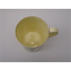 Early 19th century Sunderland Dawson & Co creamware pottery mug, the cylindrical body black transfer printed and polychrome detailed with a circular panel of a three-masted ship flanked by two figures of Peace and Plenty, above a panel containing verse 'May Peace with Plenty on our Nation smile [...]' H15cm D11cm