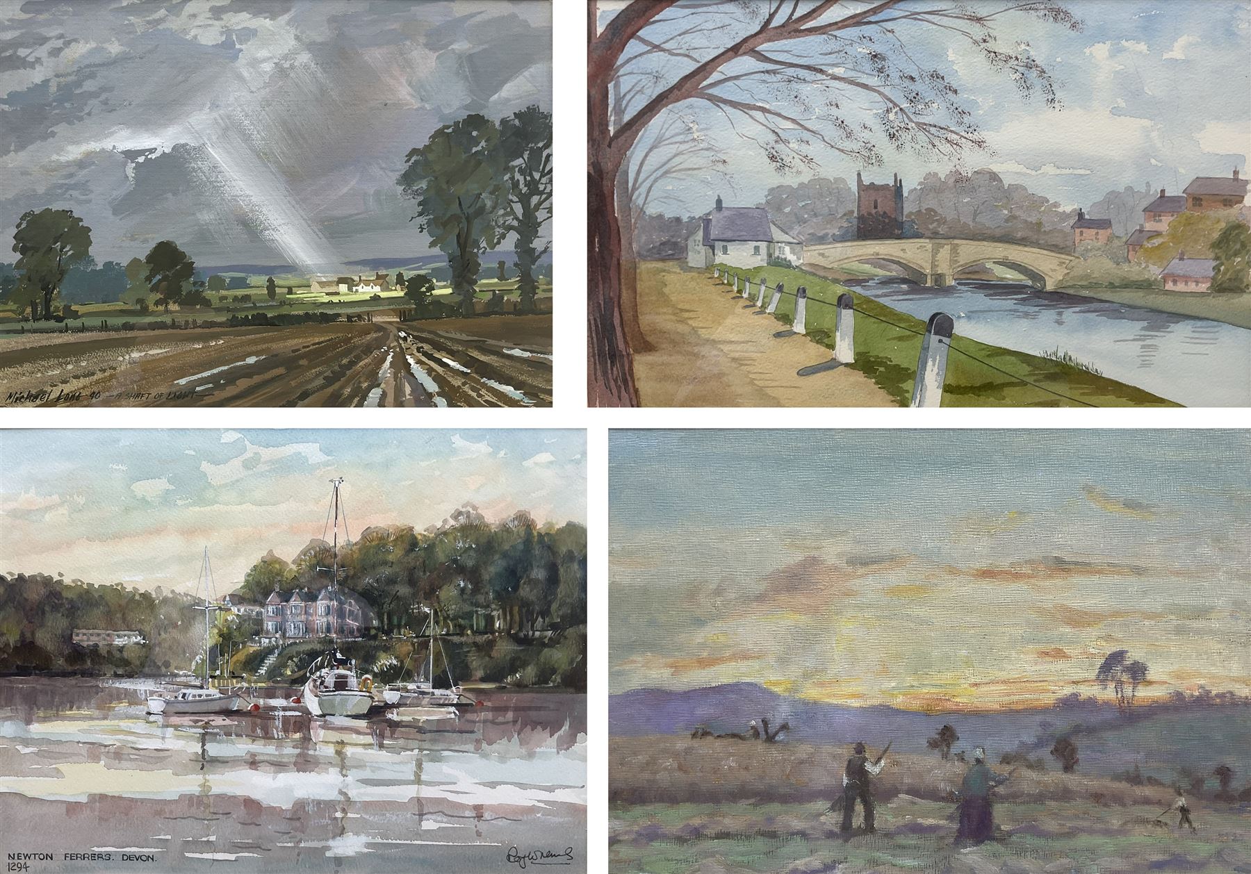 Michael Long (Bristol Savages 1940-): 'A Shaft of Light', gouache signed titled and dated '90, 25cm x 34cm; James Robson (Harrogate 20th century): Village Bridge, watercolour signed, artist's address label verso 23cm x 36cm; Roy Wrench (Bristol Savages): 'Newton Ferrers - Devon', watercolour signed and titled 29cm x 38cm; Charles James Kelsey (British 1870-1960): 'Hard Work', oil on board, signed and titled verso 22cm x 32cm (4)