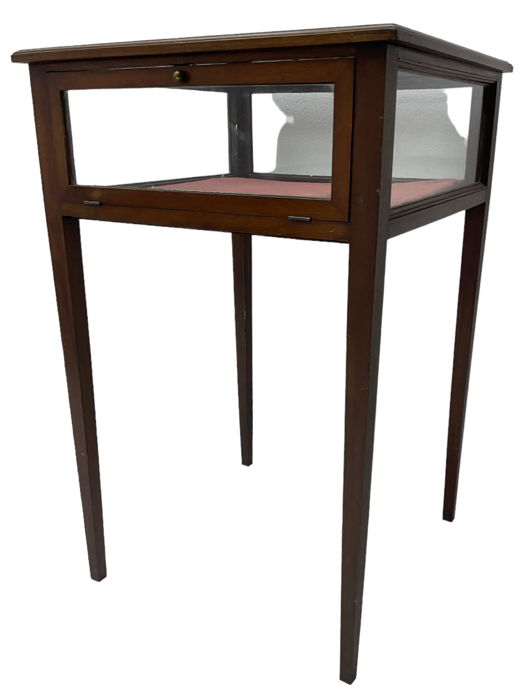 Edwardian inlaid mahogany bijouterie cabinet, glass inset top in moulded frame with satinwood band, fall front glazed door, on square tapering supports 