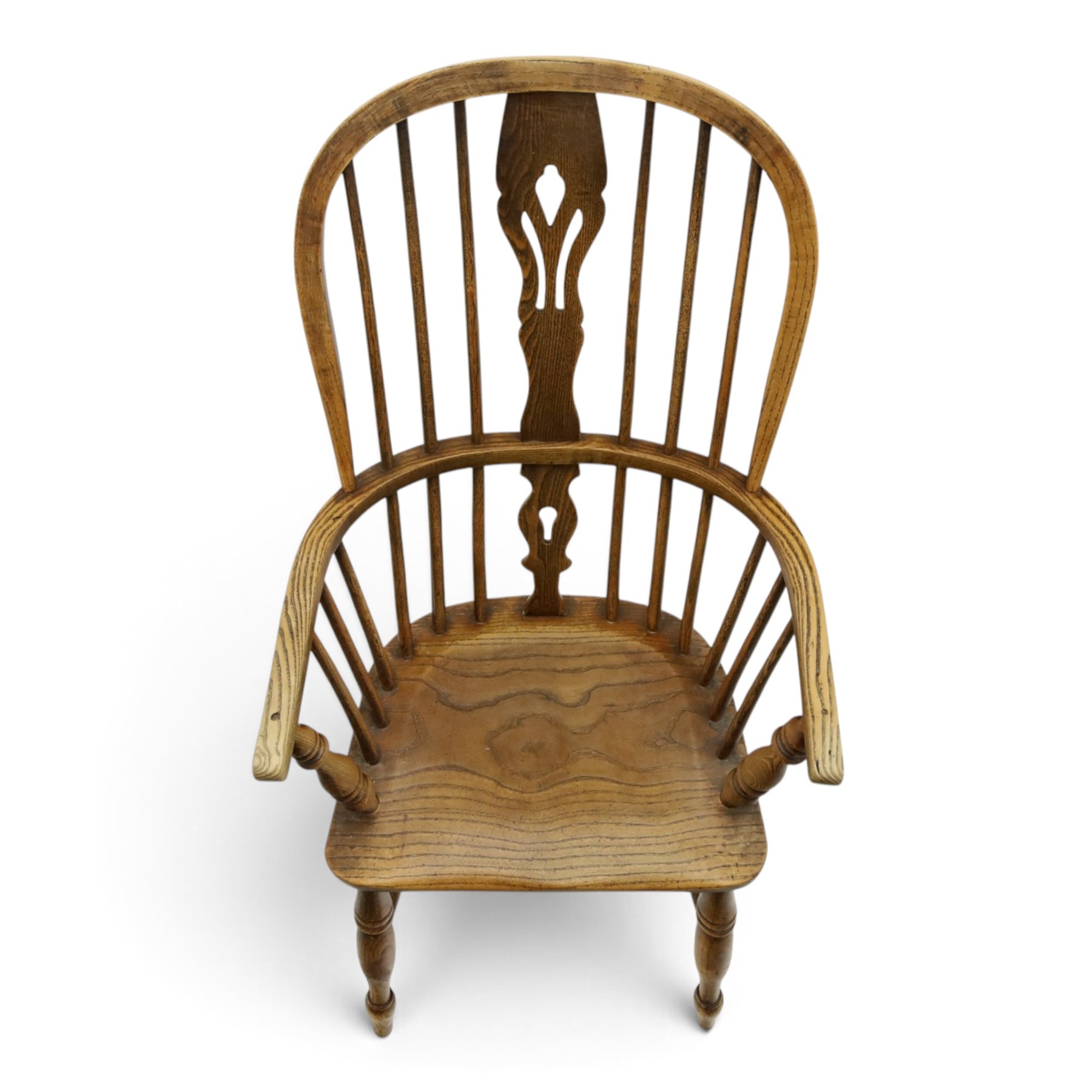 Early 20th century elm and ash high-back Windsor chair, double hoop-and-stick back with pierced and shaped splat, on turned supports joined by H-stretcher