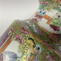 19th century Chinese Canton famille rose vase, converted to a table lamp, of shouldered cylindrical form, with twin gilt lion mask ring handles, the body decorated with four alternating panels of figural scenes and birds and insects, H31cm excluding fitting