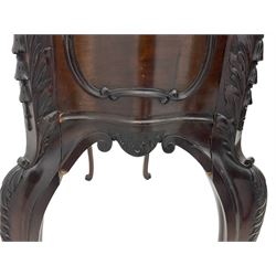 Late Victorian mahogany jardiniere planter stand, shaped form with fixed moulded top, applied c and s scroll mouldings and husks to the frieze and canted corners, acanthus carved cabriole supports with scroll carved terminals, 91cm x 37cm, H85cm