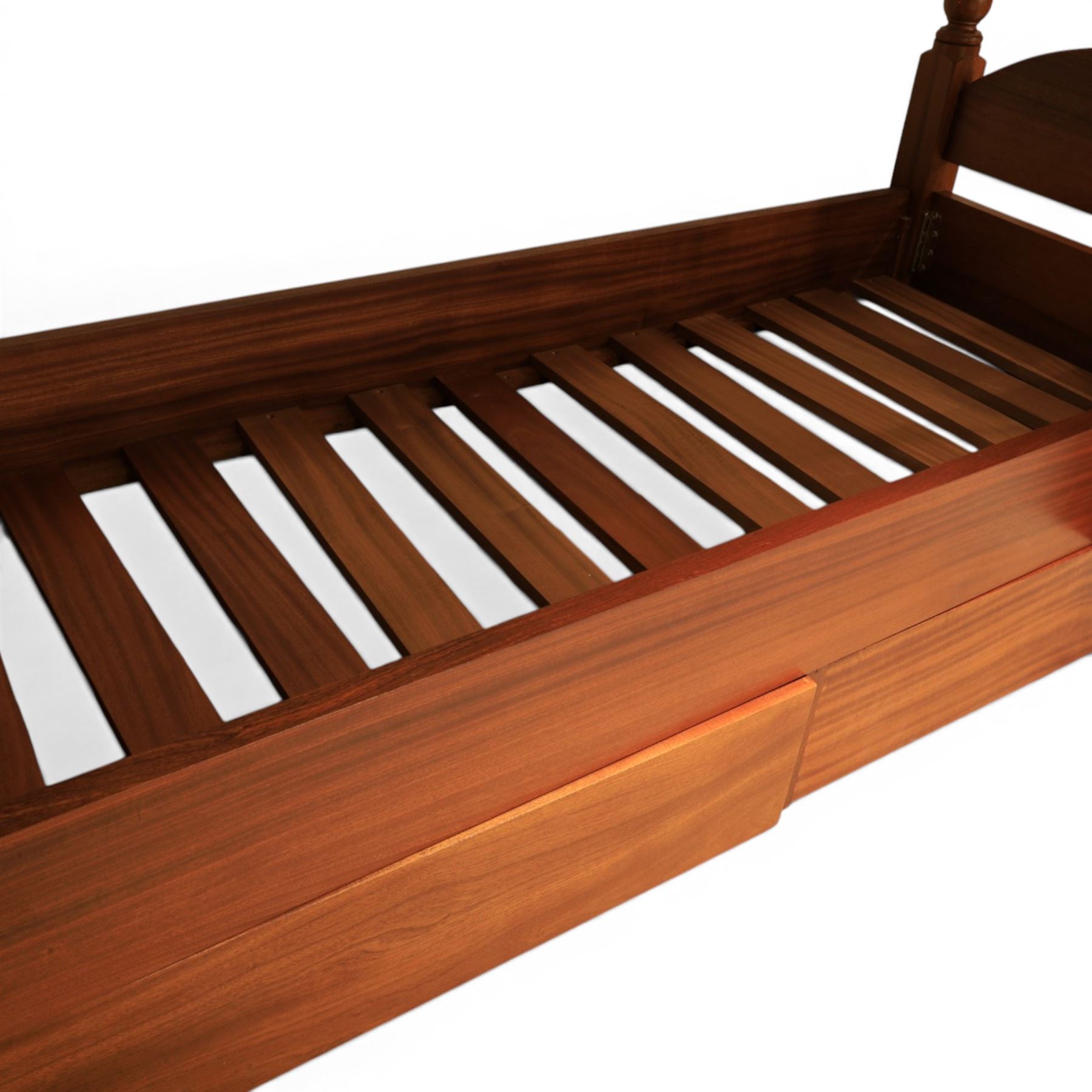Modern cherrywood single bunk beds, with ball finials, curved headboard and footboard, ladder and chrome hand rail, raised on turned supports, with two base drawers