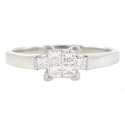 Platinum four stone pave set princess cut diamond cluster ring, with a princess cut diamond set either side, stamped 950, total diamond weight approx 0.35 carat