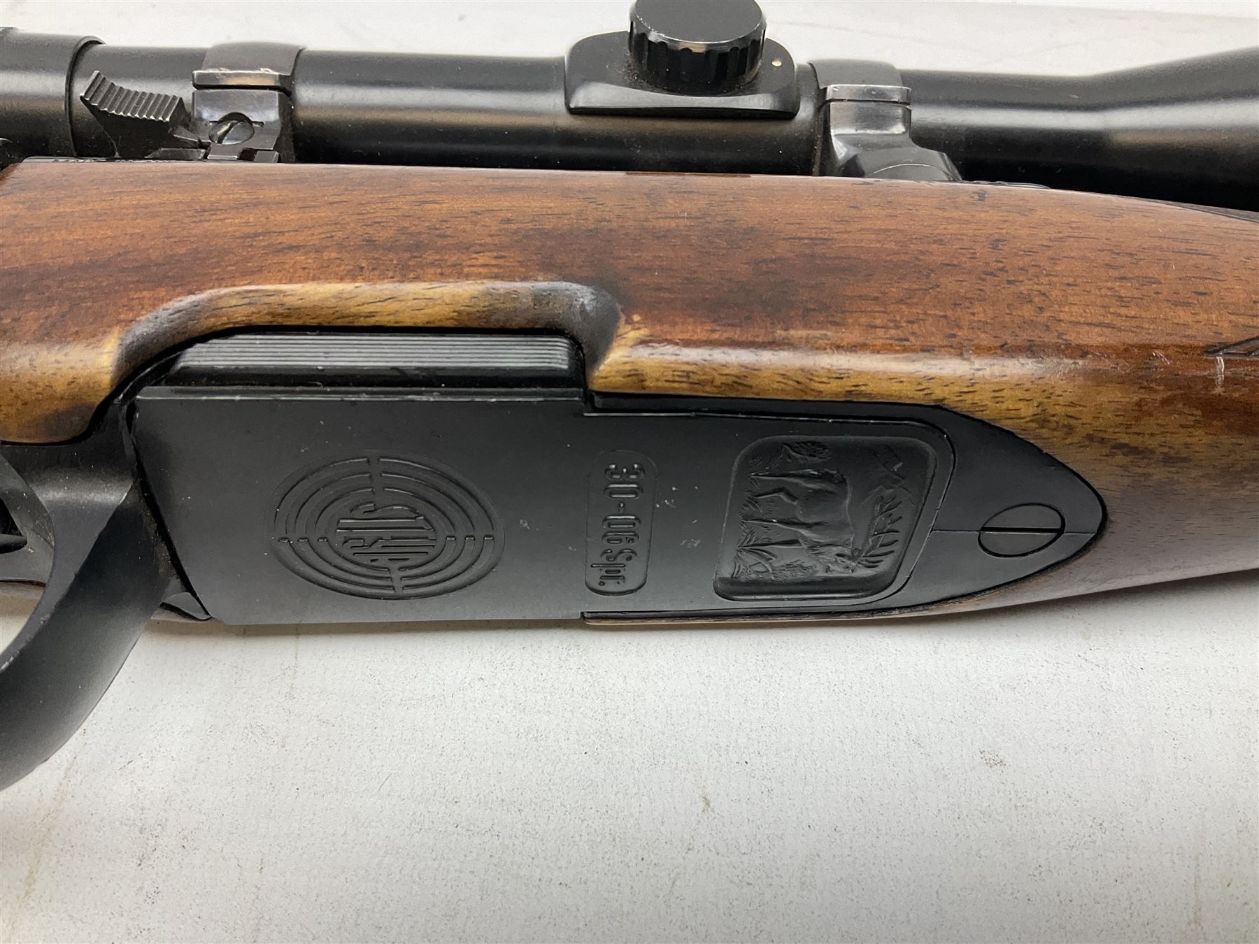 30-06 Steyr-Mannlicher Model M bolt-action rifle, the 61cm hammer forged barrel with side safety, double set trigger and lift-out rotary magazine, walnut stock with chequered pistol grip and fore-end and additional soft leather cheek piece, Pecar Berlin Champion 8 x 45 telescopic sight with quick release mounts, serial no.204791 L111cm FIREARMS CERTIFICATE REQUIRED OR RFD