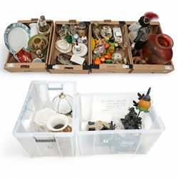 Lomonosov Russia Porcelain Wine Decanter in Red Firebird pattern, Staffordshire ironstone planter, meat plate, Leonardos figures and other mixed ceramics and smalls, contents between four boxes