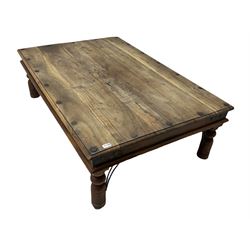 Mexican pine rectangular coffee table, metal strap-work, turned legs