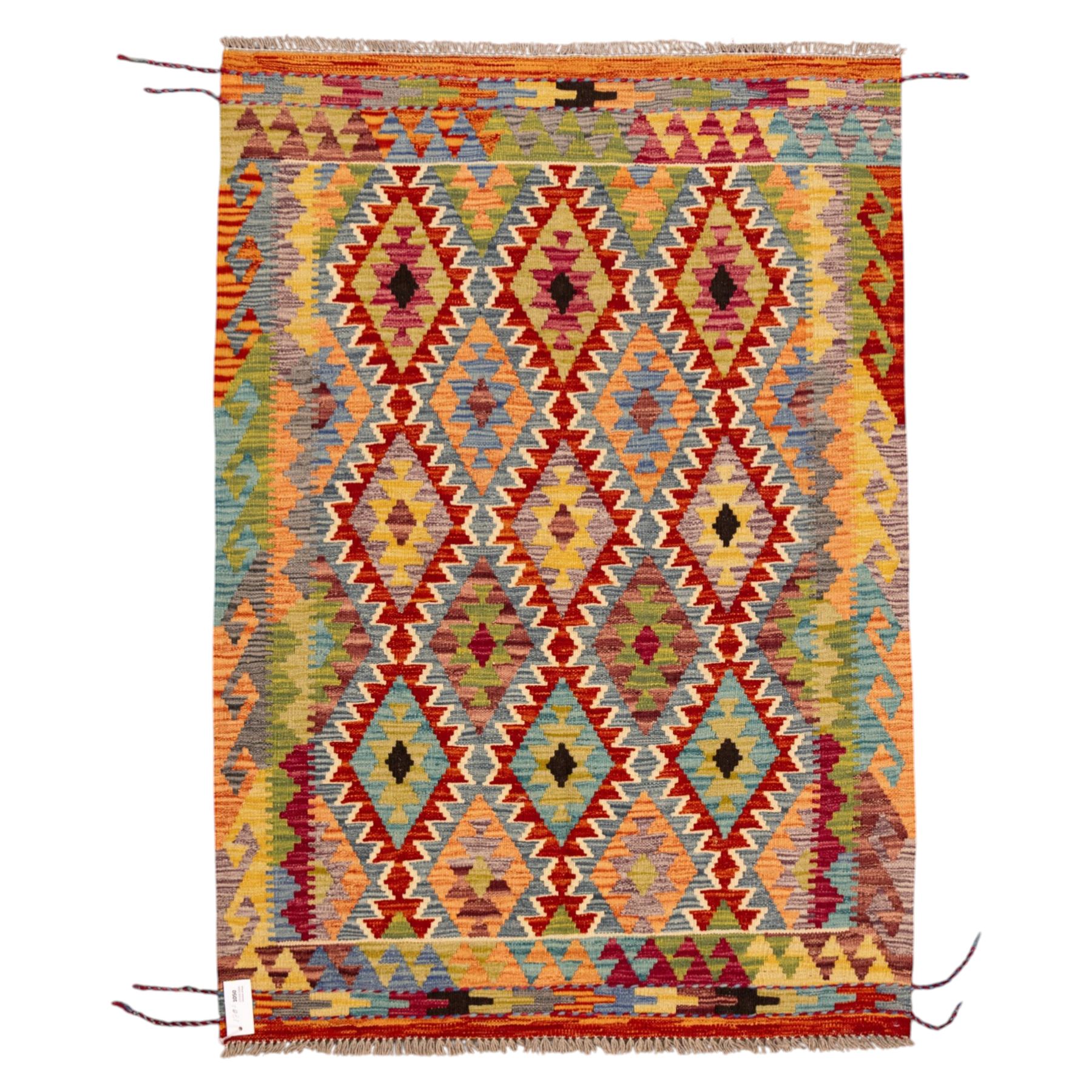 Afghan Chobi flatweave kilim, with a repeating stepped diamond medallion design in ivory, green, rust, teal, purple, indigo, and framed by chevron and geometric borders