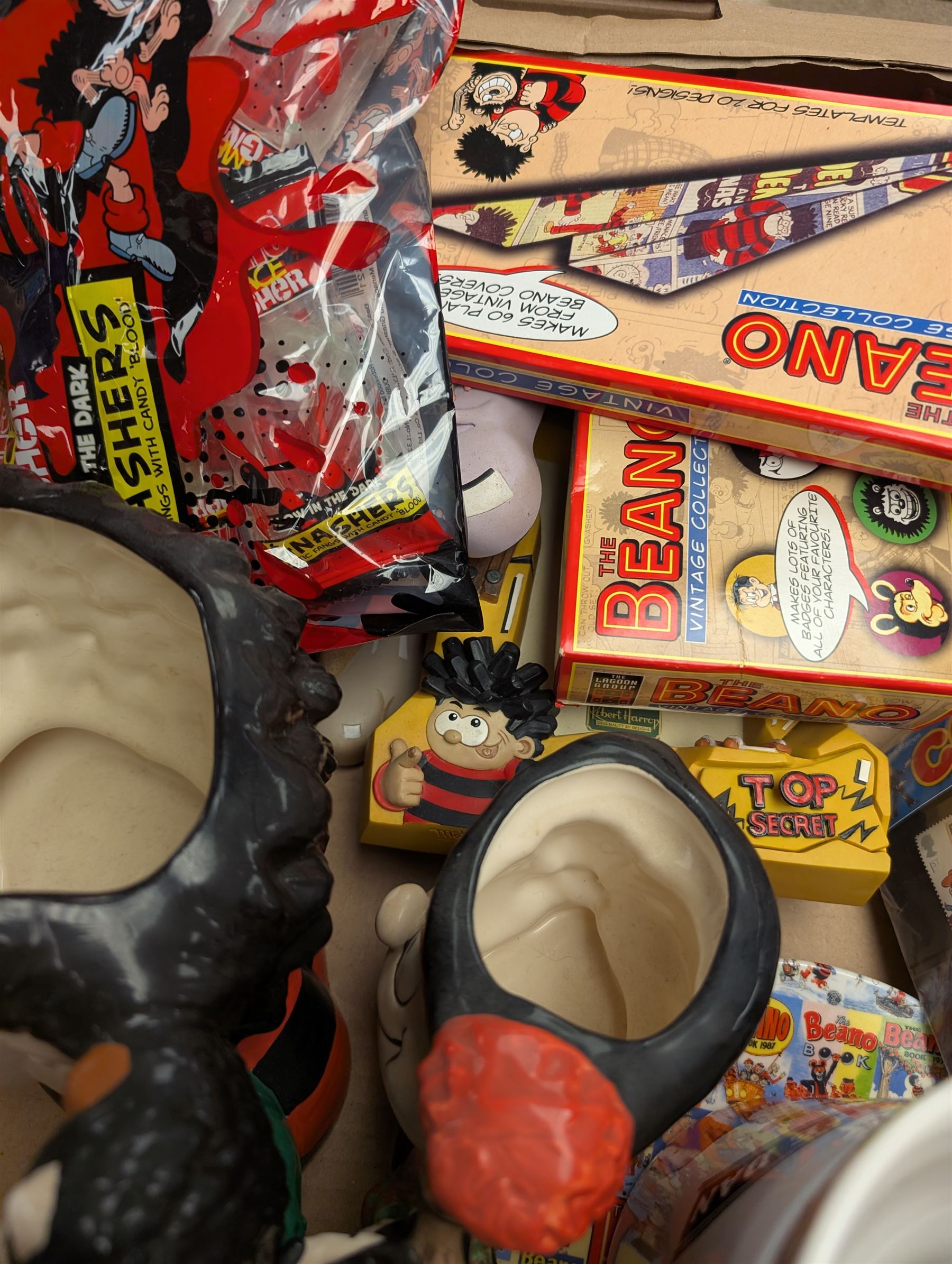 Collection of Robert Harrod The Beano Dandy Collection figures including Desperate Dan, Teach, Rodger the Dodger and Chips together with Beano collectibles including mugs, stamps, etc