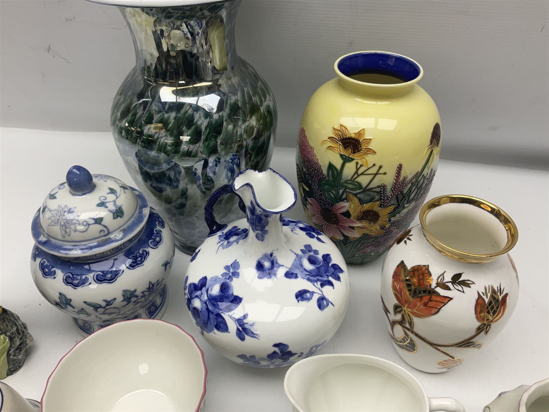 Royal Crown Derby ewer, decorated with blue roses on a white ground, together with Old Tupton vase, Beswick cup and saucer etc  