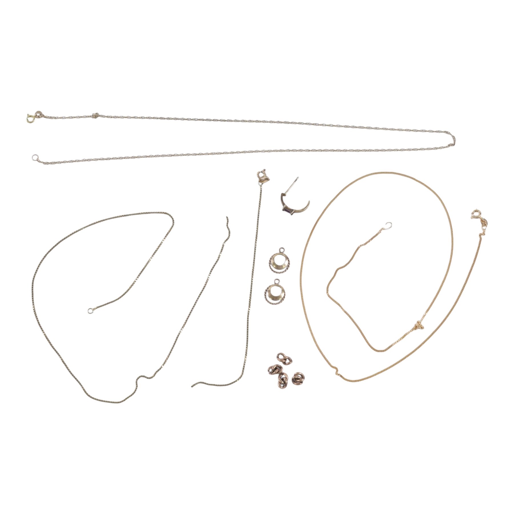 9ct gold jewellery, including three chains, chain links and single earring