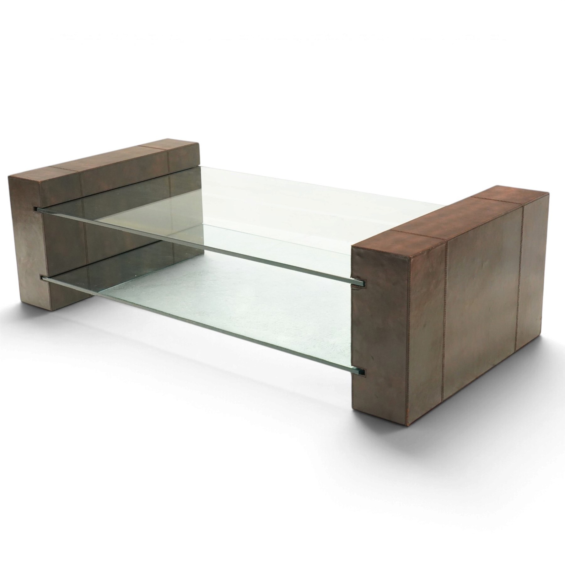 ML DS - Contemporary two-tier coffee table, brown leather-covered frame supporting a rectangular glass top and matching undertier