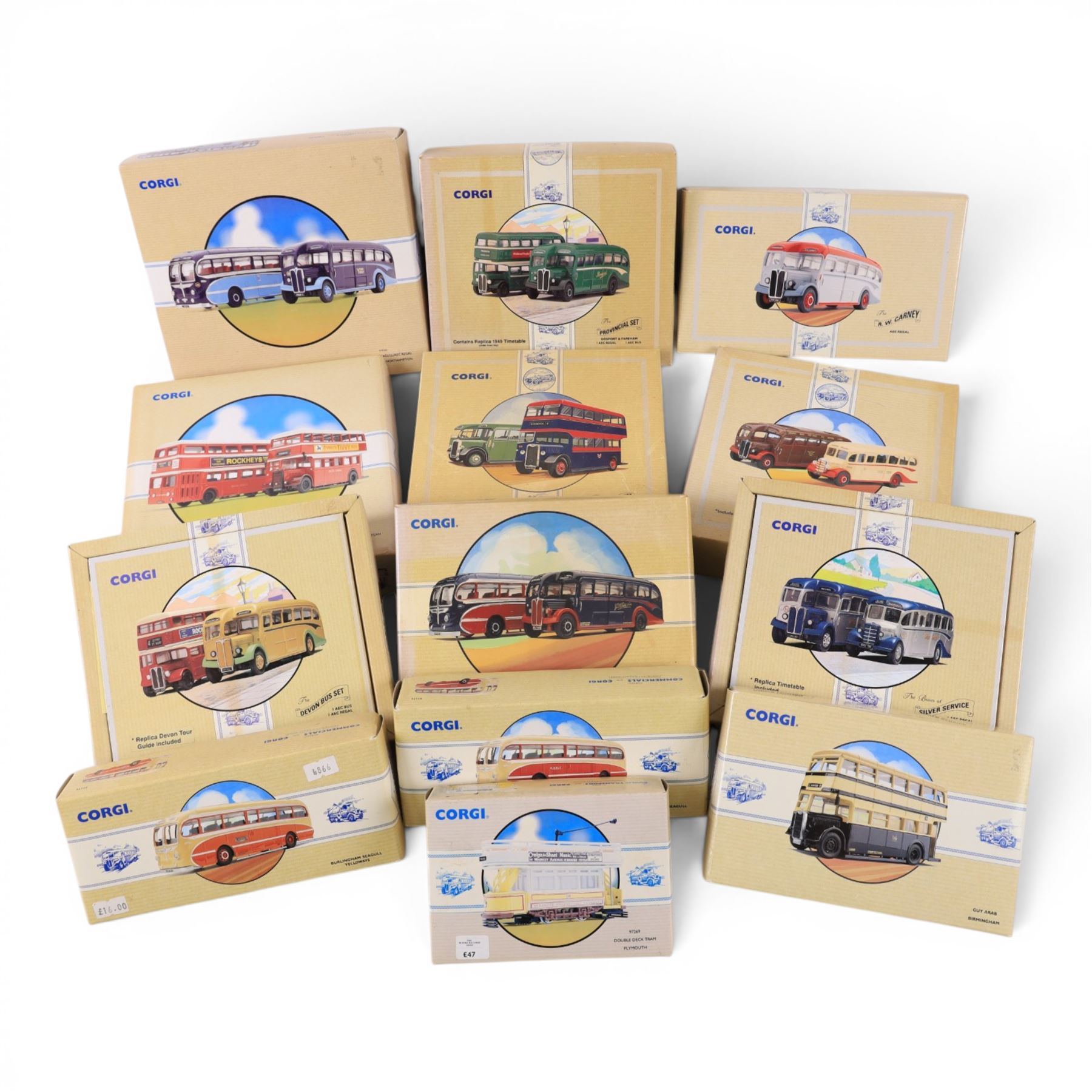 Thirteen Corgi Classic Commercials and Classic Public Transport diecast models, including four limited edition sets, comprising The Buses of Silver Service no. 97070, The Devon Bus Set no. 97071, Whittles no. 97069, The South Wales Set no. 97075, The East Lancashire set no. 97077, Devon General 75th Anniversary no. 97052, Burlingham Seagull no. 97174, The R.W Carney no. 97193, The Provincial Set no. 97072, Burlington Seagull Ribble no. 97173, Double Deck Tram Plymouth no. 97269, Burlingham Seagull AEC Regal no. 97053 and Guy Arab Birmingham no. 97201, all boxed