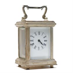 20th century- Silver plated miniature carriage clock in an anglaise case with an enamel di...