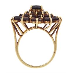 9ct gold large garnet cluster ring, hallmarked