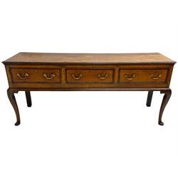 George III oak dresser, moulded rectangular top with mahogany banding, fitted with three drawers with banded fronts, on cabriole supports 