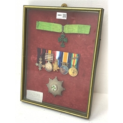 Group of seven medals/awards to Major T.B. Unwin R.A.M.C. comprising Queens South Africa Medal with Cape Colony, Orange Free State, Transvaal and South Africa 1901 bars; 1914-15 Star; British War Medal and Victory Medal with oak leaf; military OBE with first type ribbon; and Portuguese Military Order of Avis Commanders set of insignia with green enamelled neck badge on ribbon and Star; framed with some biographical information