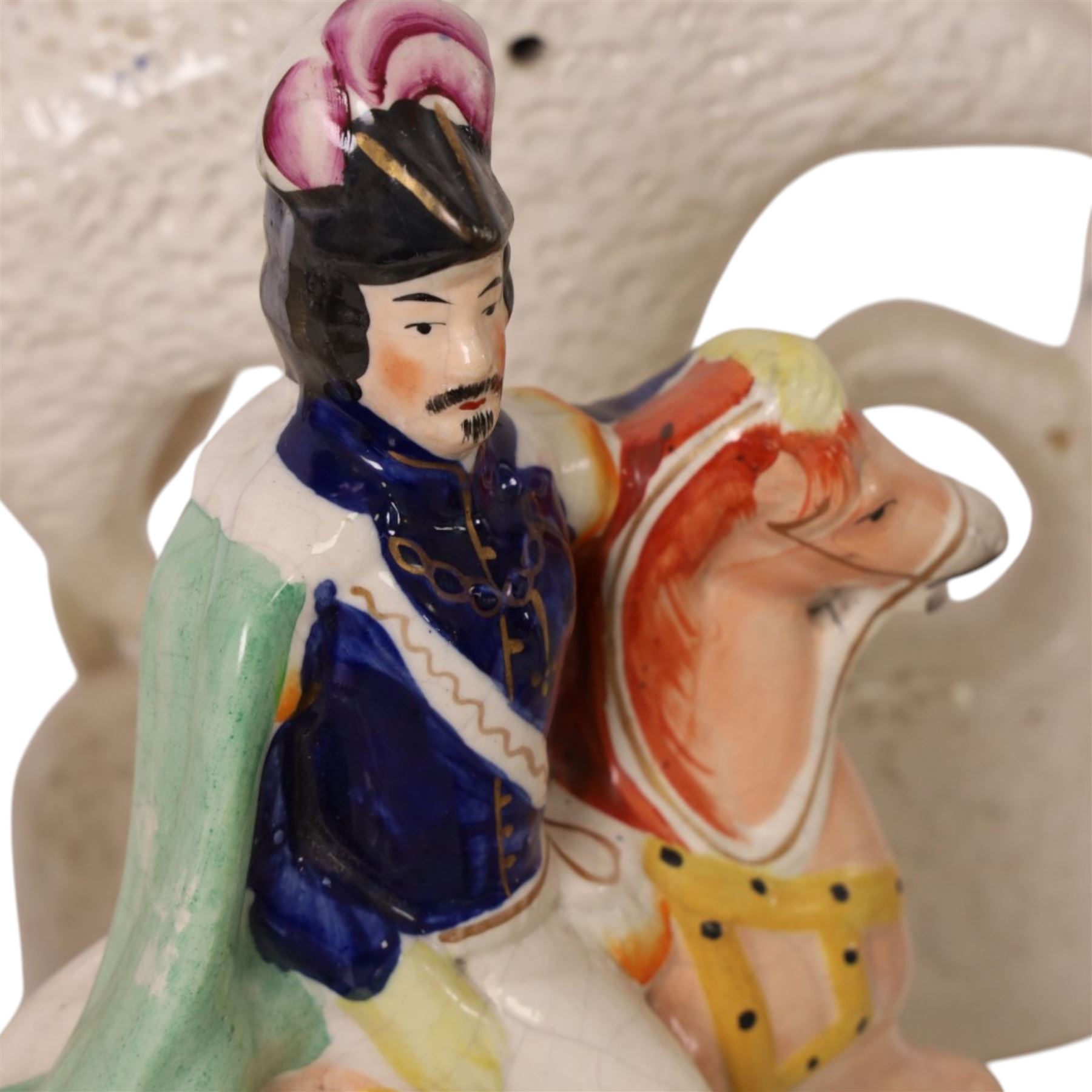 Group of 19th Staffordshire figures on horse back, including Lord Kitchener, General French, Louis Napoleon, Havelock, William III 1690 etc