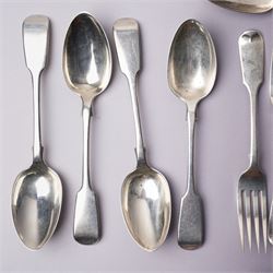 Suite of Victorian silver fiddle pattern cutlery comprising eighteen table forks, seventeen dessert spoons, fifteen dessert forks and three table spoons London 1856 Maker A B Savory & Sons