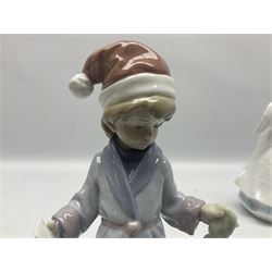 Three Lladro figures, comprising Dear Santa no 6166, Angelic Melody 1993 no 5963 and Seraphs Head no2 no 4885, together with Lladro plaque Love Brings Us Together no 7677, all with original boxes, largest example H18cm