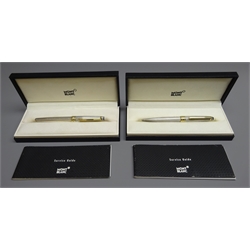  Writing Instruments - Montblanc Meisterstuck set of two fountain pen with '18k' gold nib and ballpoint pen, both full sterling silver cases, both boxed with warranty/service guide (2)   