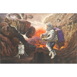 Keith Sutton (British 1924-1991): 'The Rose' - Spacemen Returning to a Devastated Earth and Finding a Single Rose, oil on canvas signed 50cm x 76cm
